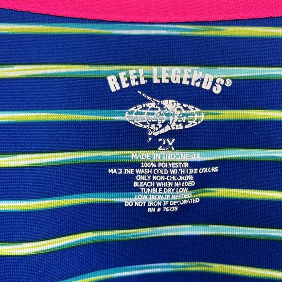 Reel Legends Womens Rash Guard 2X Blue Lime Stripes Stretch Zip Pocket 100% Poly - Picture 2 of 11